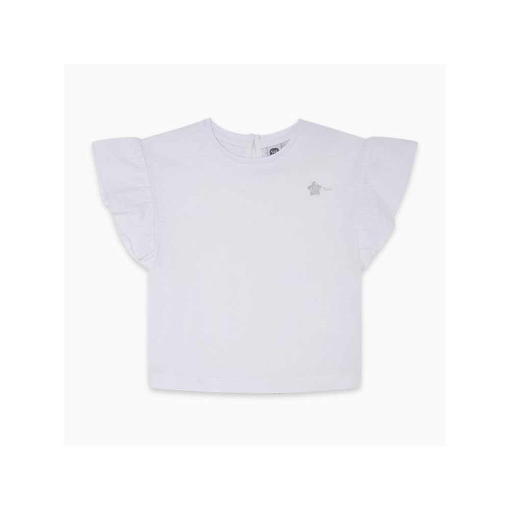 Girls White Flutter Sleeve Tee with Star Accent